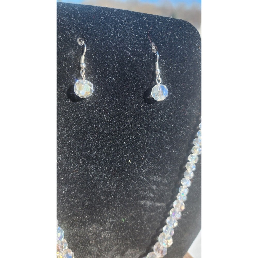 Vintage Clear Aurora Borealis Faceted Beaded Necklace & Earrings 20.5" Length - Picture 2 of 4